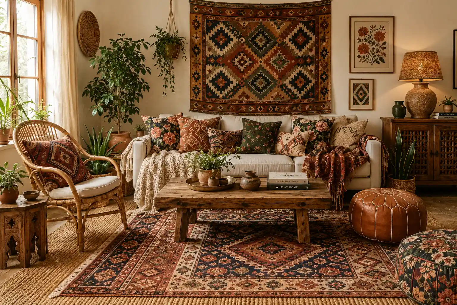 a bohemian living room featuring a white sofa layered with patterned pillows, a rustic wooden coffee table, a prominent geometric tapestry, and numerous houseplants