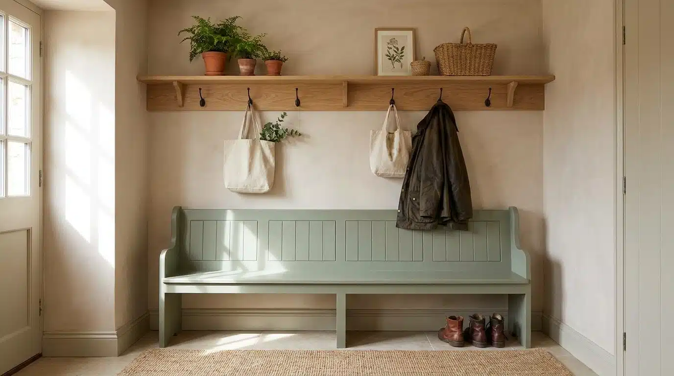 A bright entryway features a pale sage green wooden bench below a natural wood shelf holding potted ferns, framed art, and a woven basket, with canvas bags and a dark jacket hanging from hooks