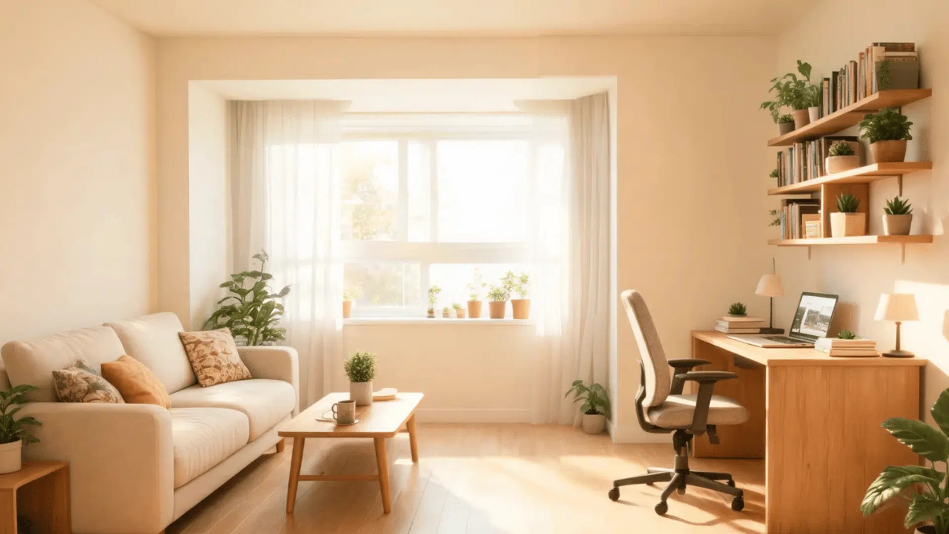 a bright home office with white sofa wooden desk chair coffee table and potted plants