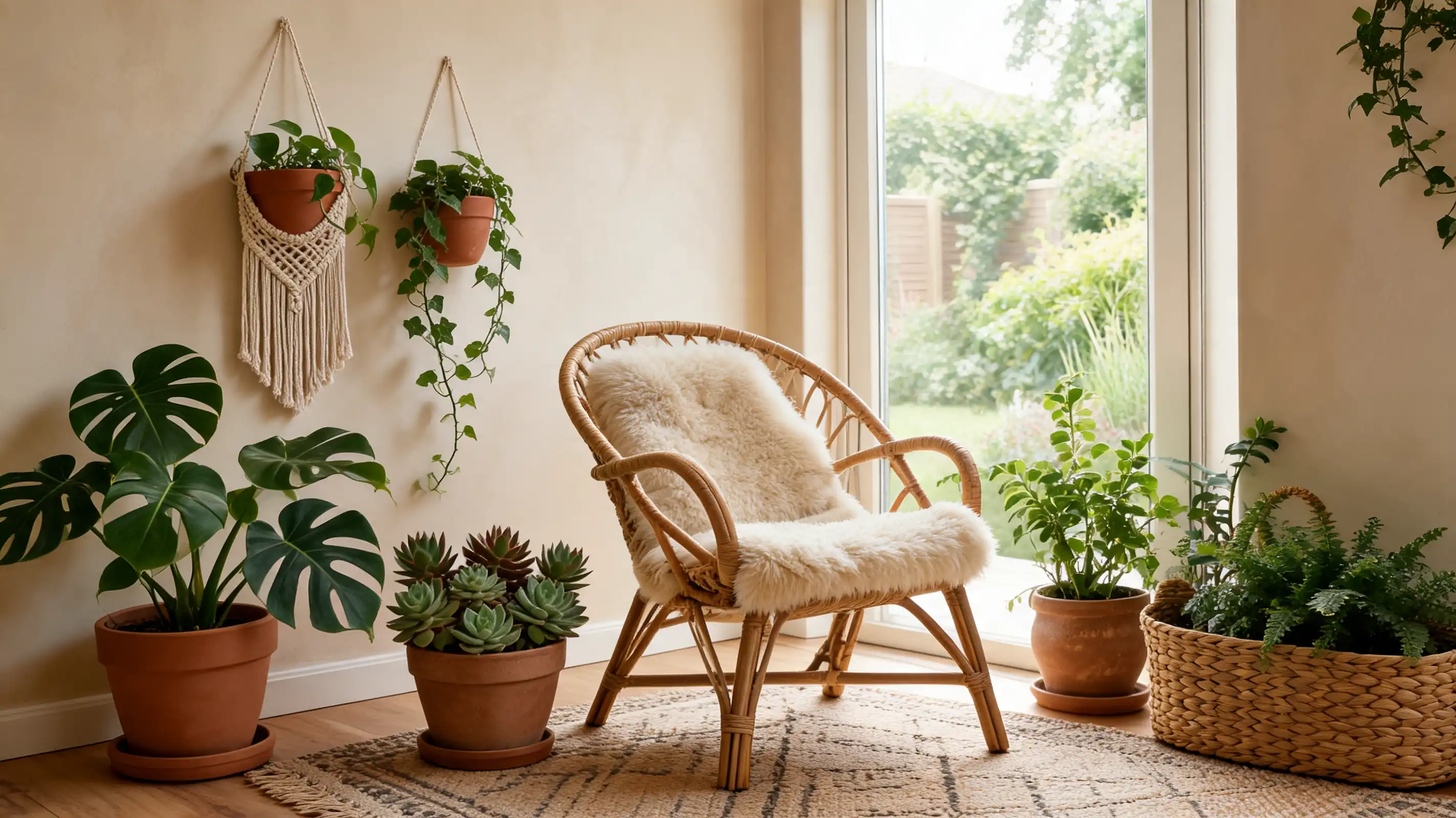 a bright indoor reading nook featuring a wicker armchair with a sheepskin throw surrounded by numerous potted green plants near a large window overlooking a garden