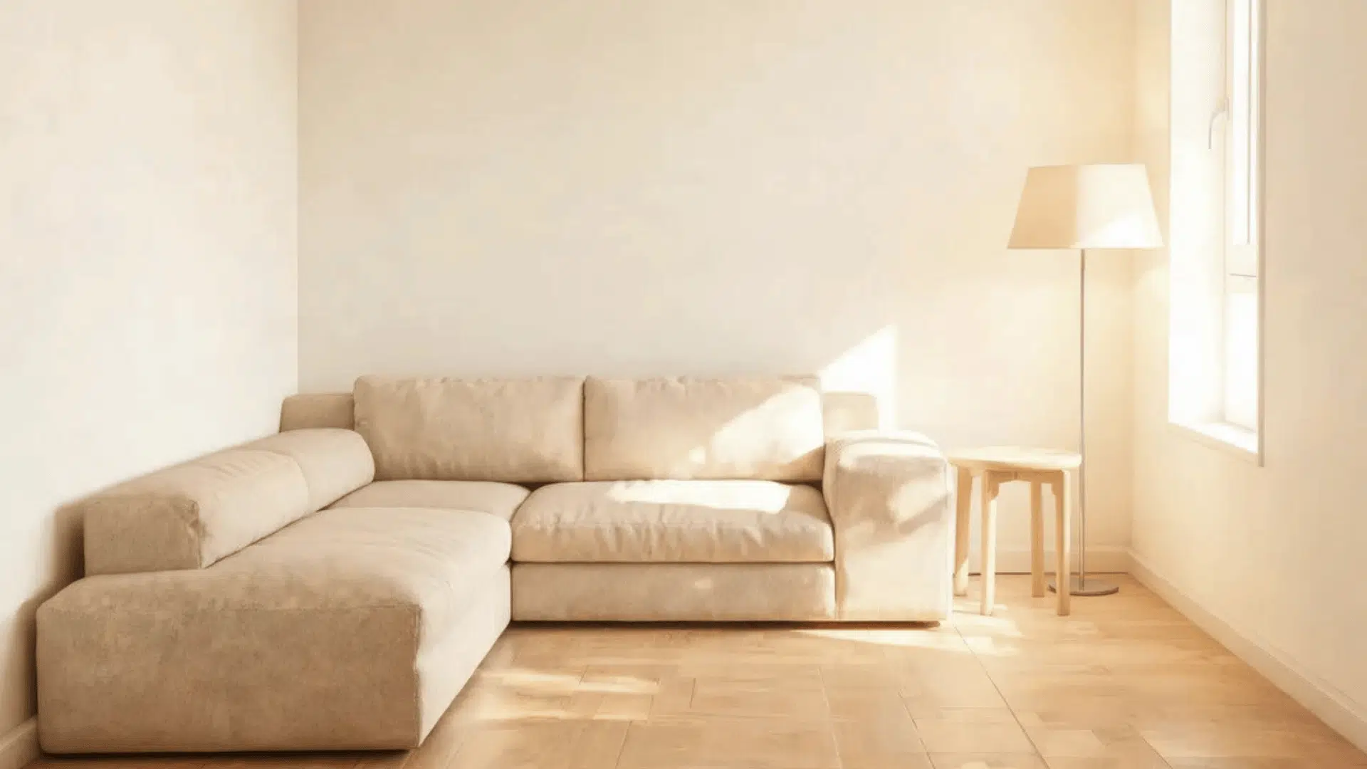 a bright living room with beige sectional sofa a floor lamp and small side table