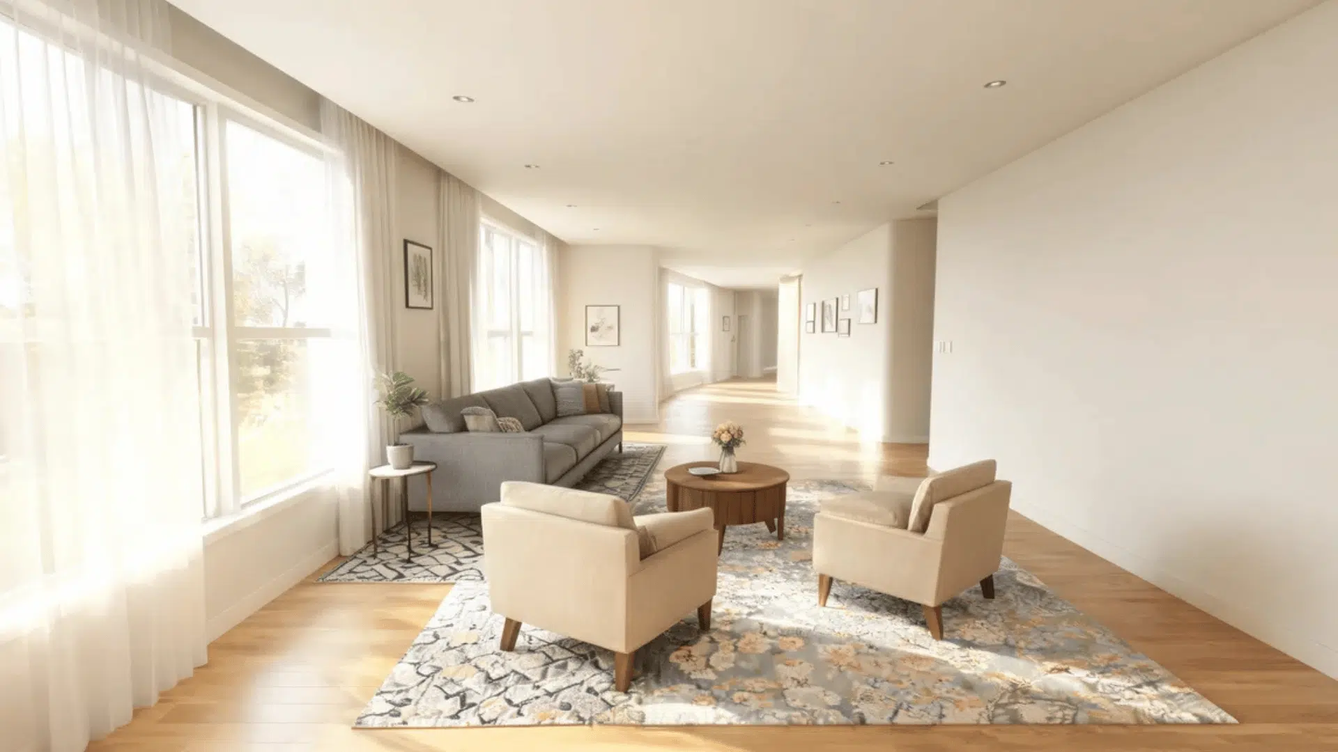 a bright living room with grey sofa two beige armchairs round coffee table and rug
