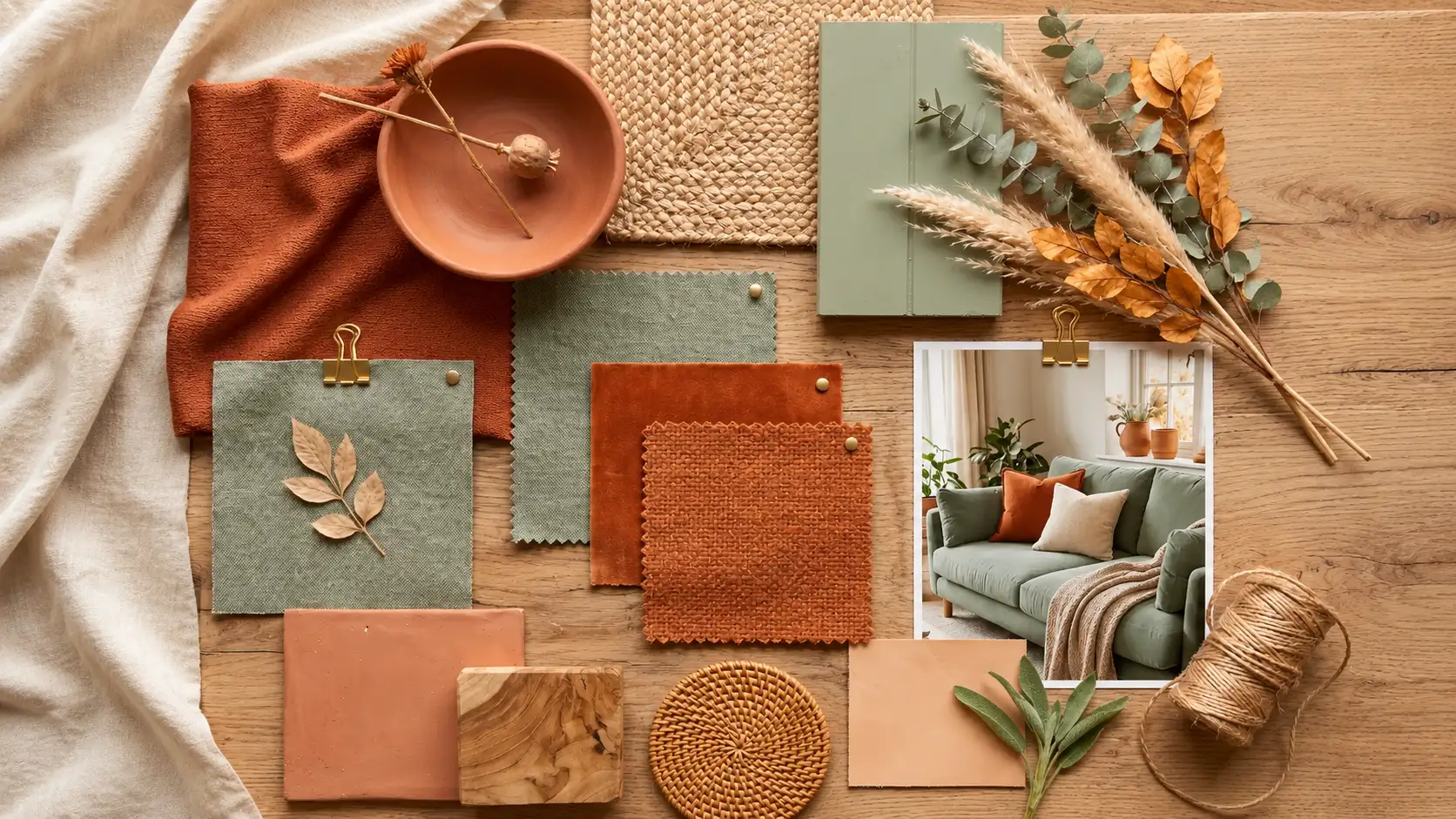 A color and material mood board featuring sage green and burnt orange textiles, terracotta pottery, wood, and natural accents like pampas grass and dried leaves