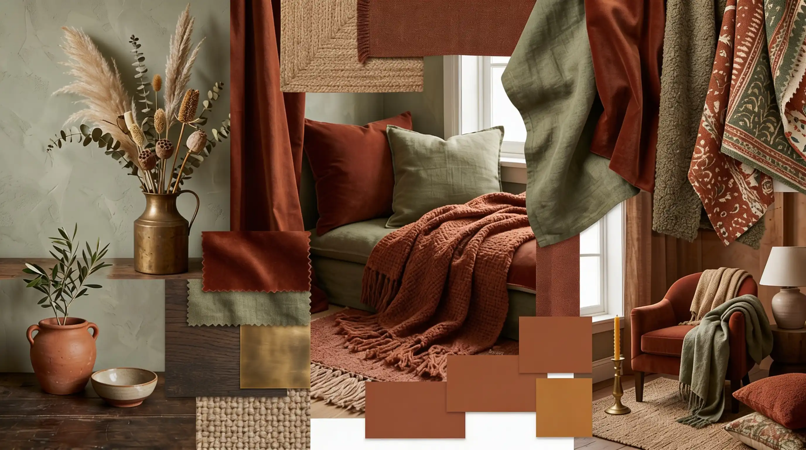 A color and texture mood board showcasing earthy tones of sage green and terracotta rust, featuring fabric swatches, dried botanicals in a brass vase, and cozy home decor vignettes