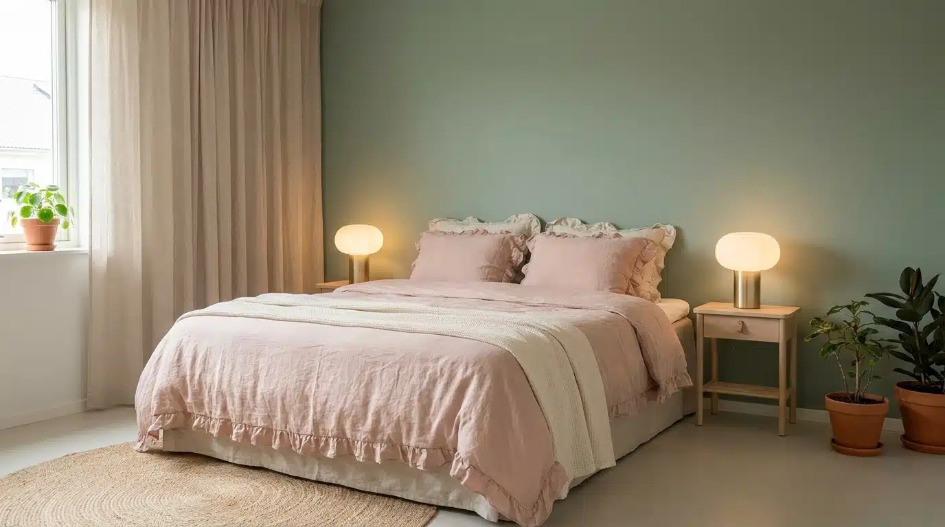 A cozy bedroom featuring a ruffled pink linen duvet against a sage green wall, flanked by two glowing mushroom-style lamps on light wood nightstands