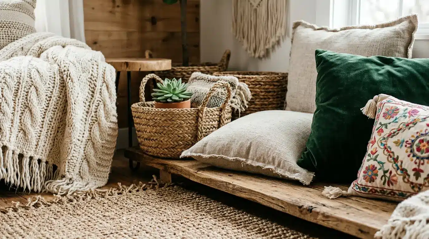 a cozy bohemian living space featuring a chunky knit throw blanket, textured pillows, woven baskets, and a potted succulent on rustic wood surfaces