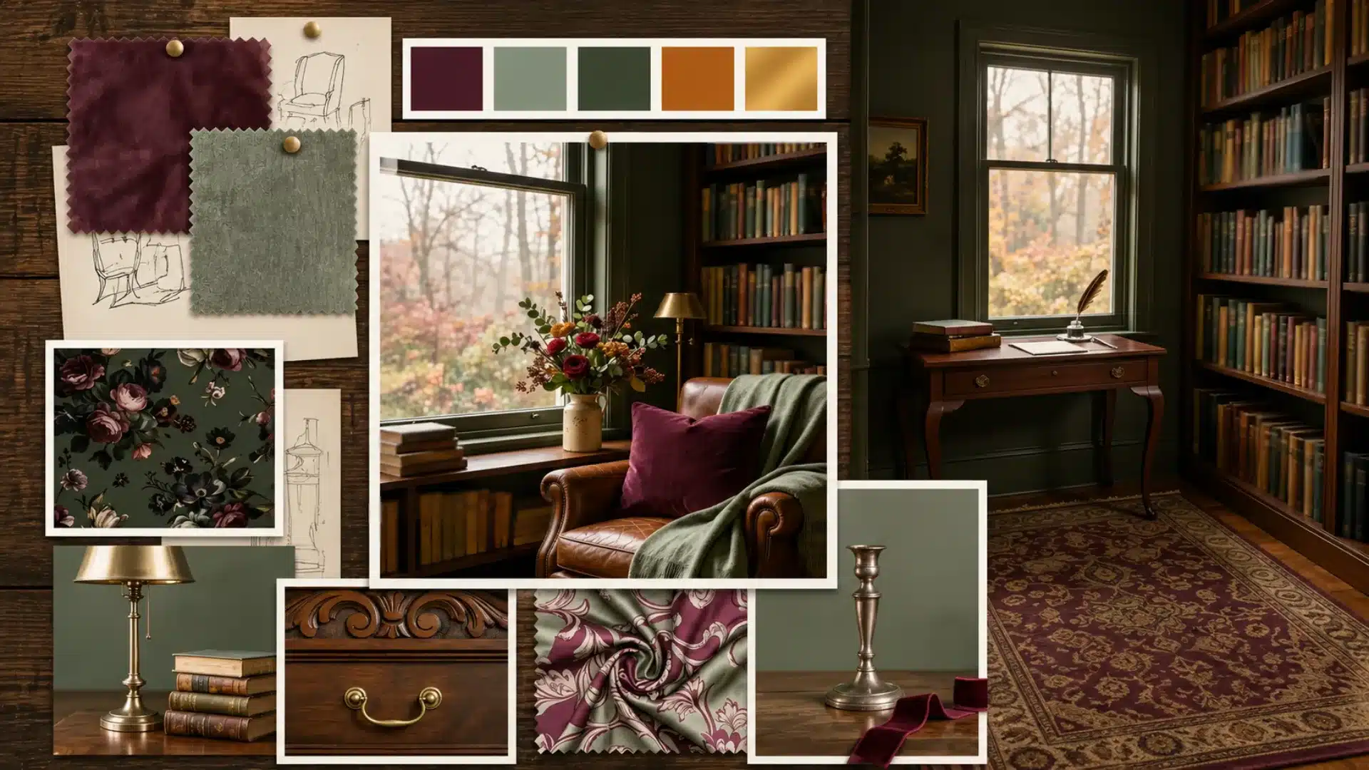 A dark academia interior design mood board featuring a cozy library nook, fabric swatches in burgundy and sage green, wood details, and a color palette inspiration bar