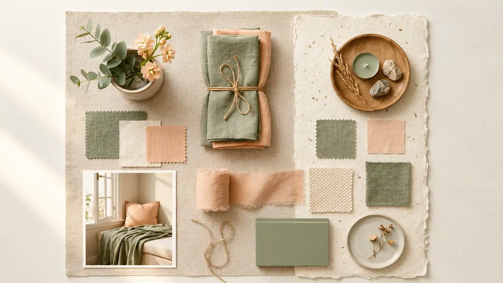 A flat lay mood board showcasing natural textiles in sage green and dusty rose tones, accompanied by eucalyptus, dried flowers, stones, and a miniature photo of a cozy window seat