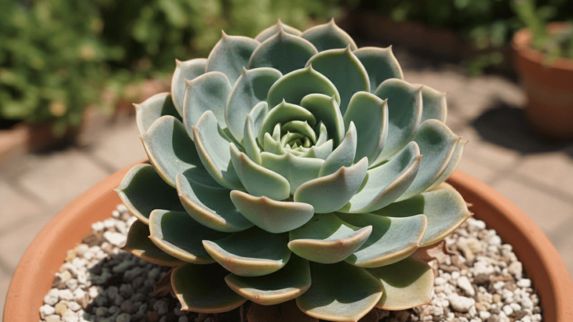 A green succulent plant with thick fleshy leaves arranged in a rosette pattern growing in a terracotta pot with small rocks around it
