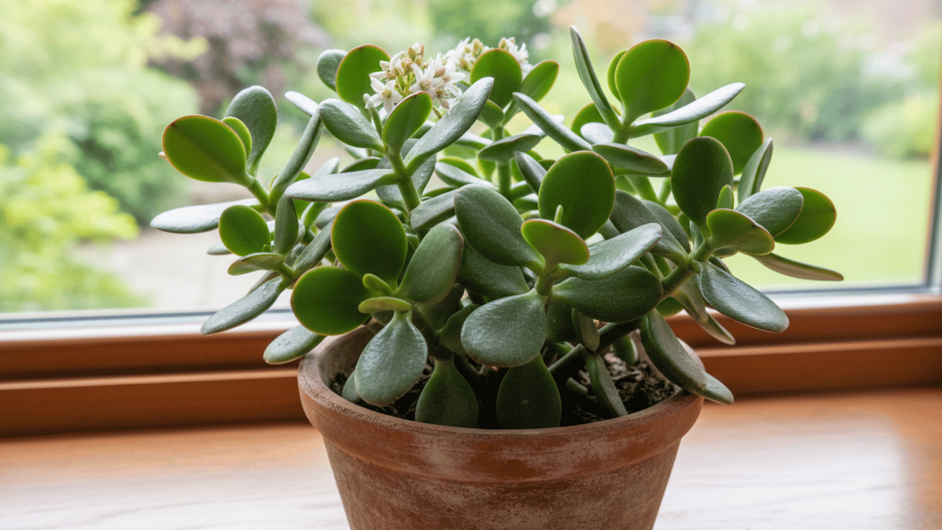 A jade plant with thick round green leaves and small white flowers growing in a terracotta pot on a windowsill with a garden visible outside