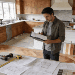 a man reviews renovation plans in a kitchen with wood cabinets tools paint cans flooring samples and blueprints