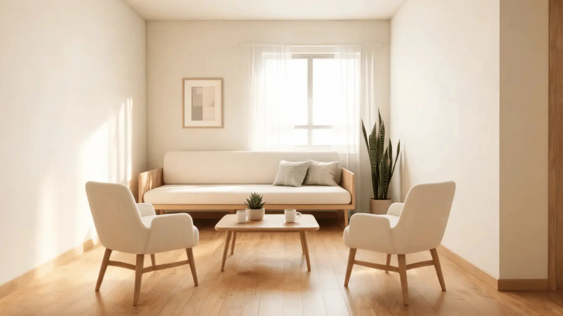 a minimal living room with white sofa two armchairs wooden coffee table and potted plant