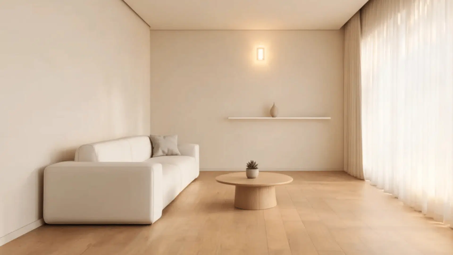 a minimalist living room with white sofa two armchairs wooden coffee table and plant (1)
