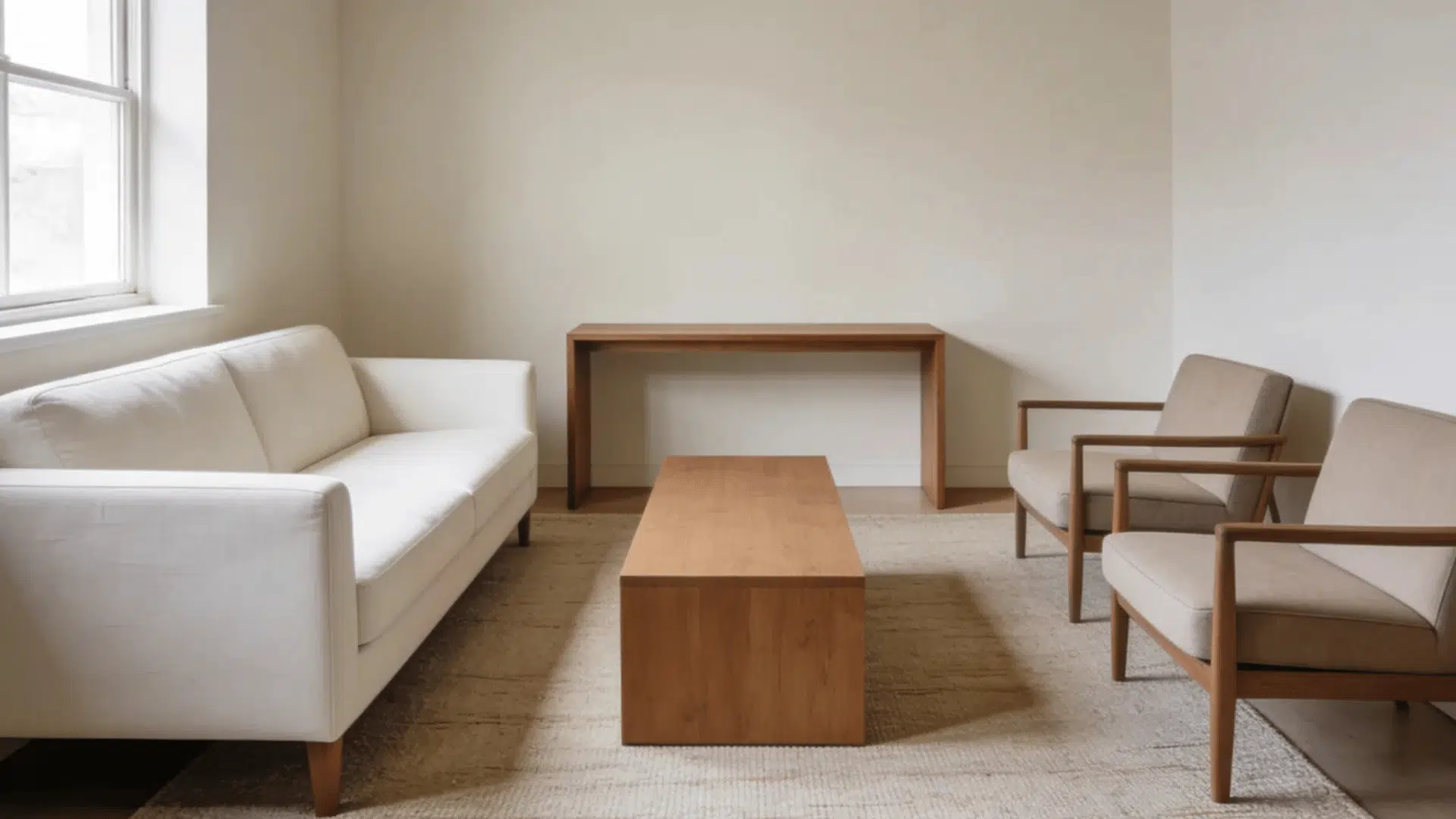 a minimalist living room with white sofa two wooden armchairs and a wooden table