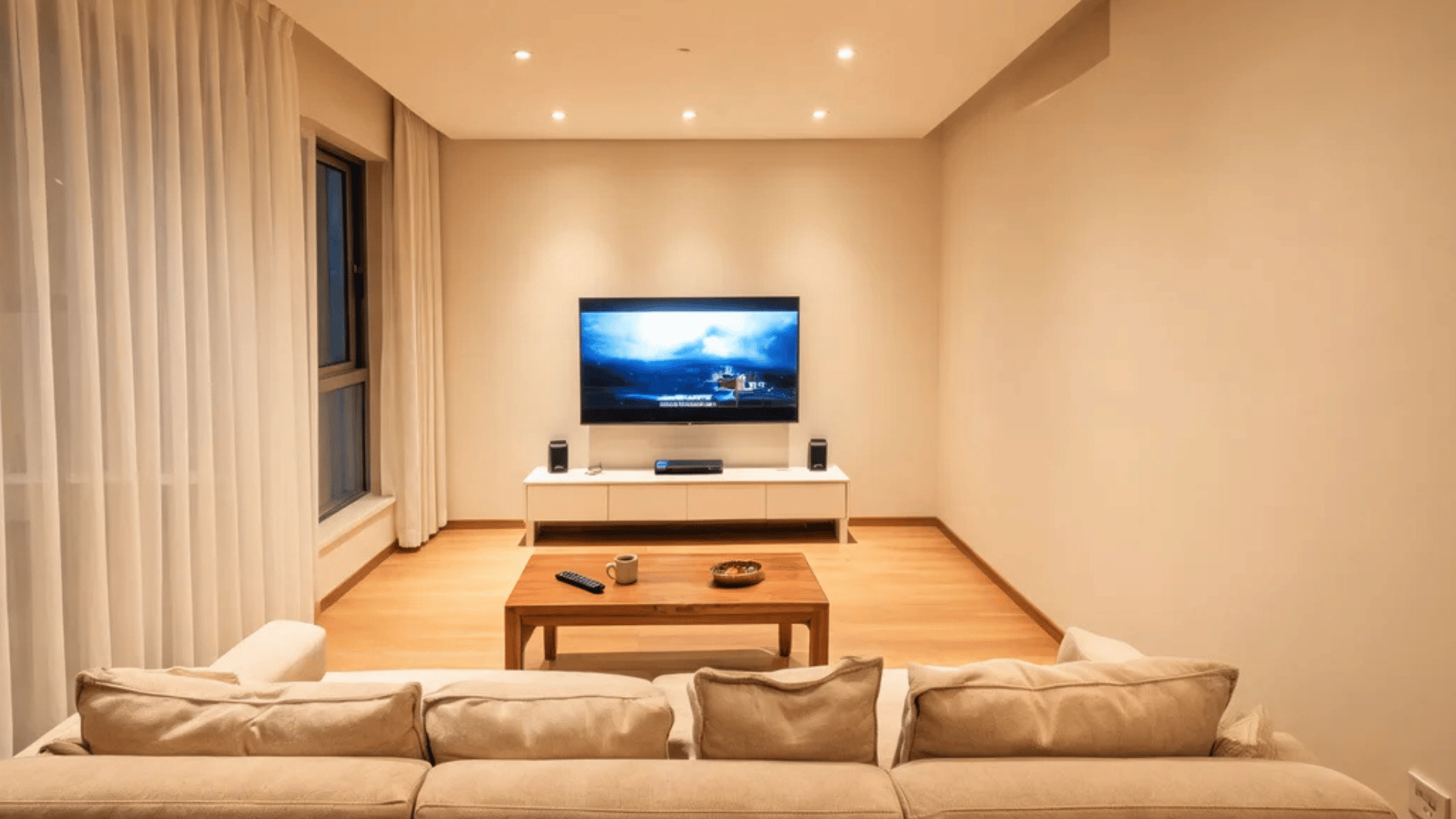 a modern living room at night with beige sectional sofa wooden table tv and decor