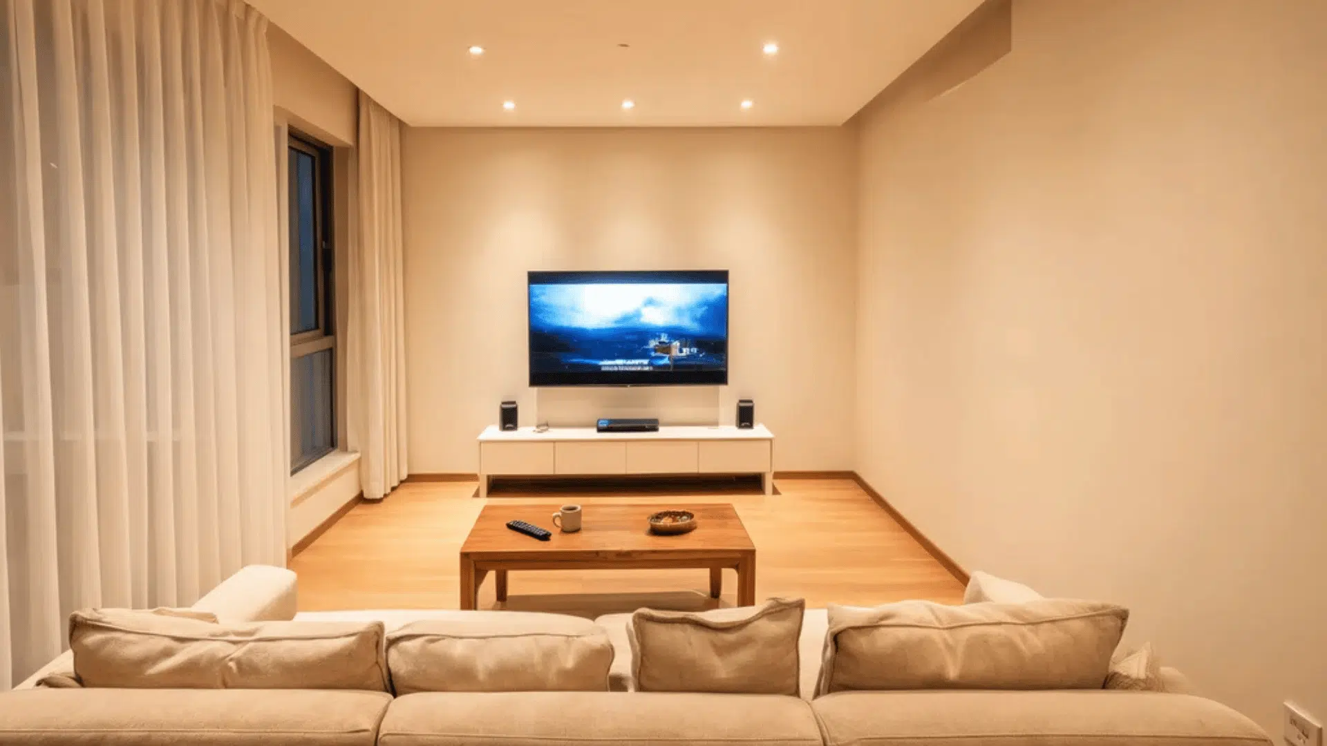 a modern living room at night with beige sectional sofa wooden table tv and decor