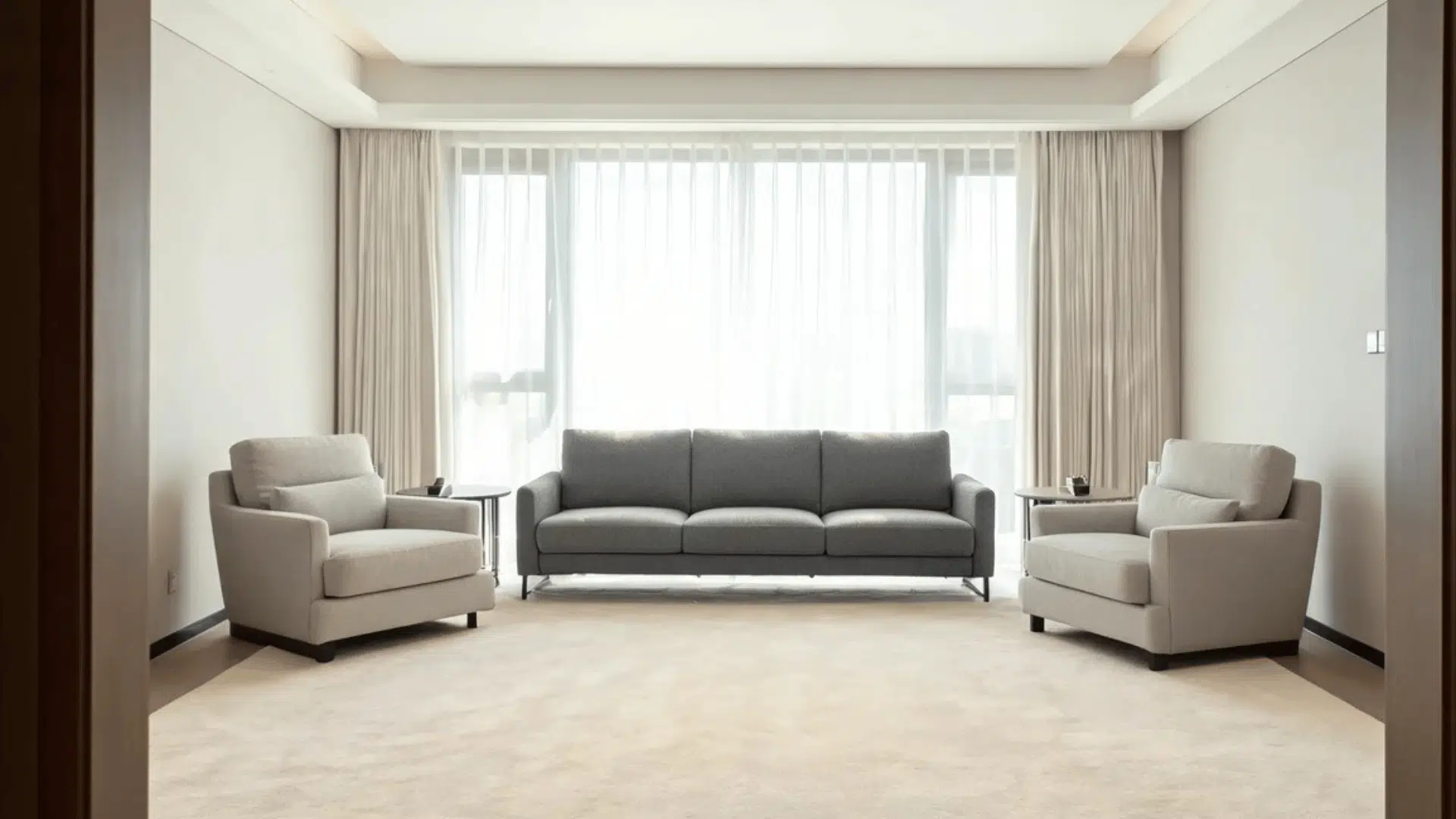 a modern living room with a grey sofa two armchairs and natural light