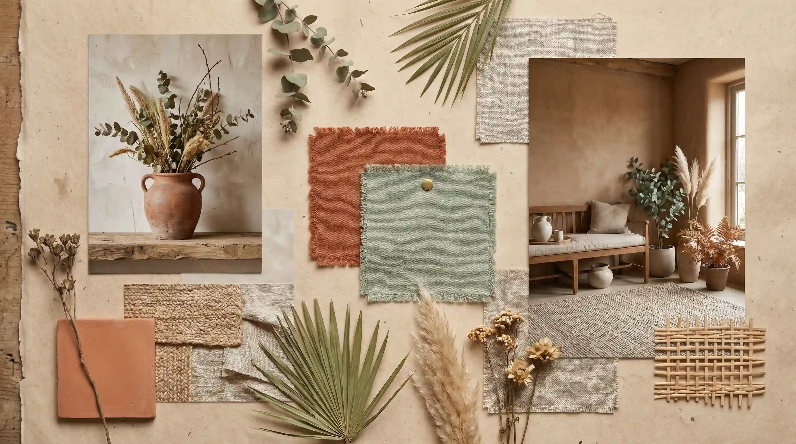 A mood board featuring earthy tones, rustic textures, terracotta accents, dried botanicals, fabric swatches in rust and sage, and inspiration images of natural interior design