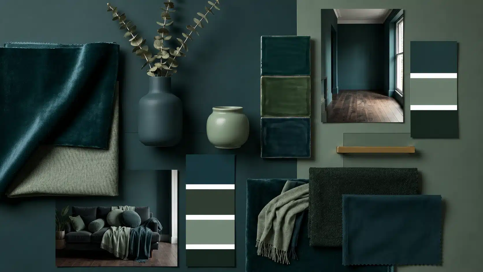 A moody interior design mood board featuring deep teal and olive green textiles, paint swatches, ceramic tiles, eucalyptus in a vase, and a small image of a dark living room
