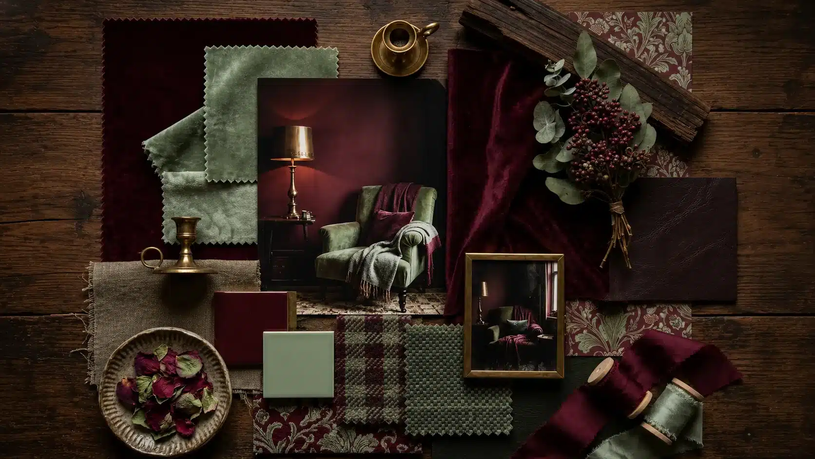 A moody interior design mood board featuring rich burgundy, sage green velvet, plaid fabric samples, brass accents, and dried botanicals against a dark wooden background