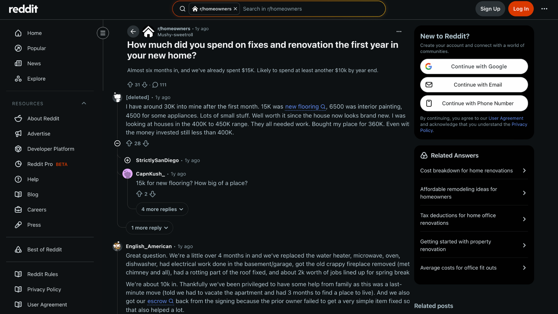 a reddit homeowners discussion about first year repair and renovation costs with comments and sign up panel visible