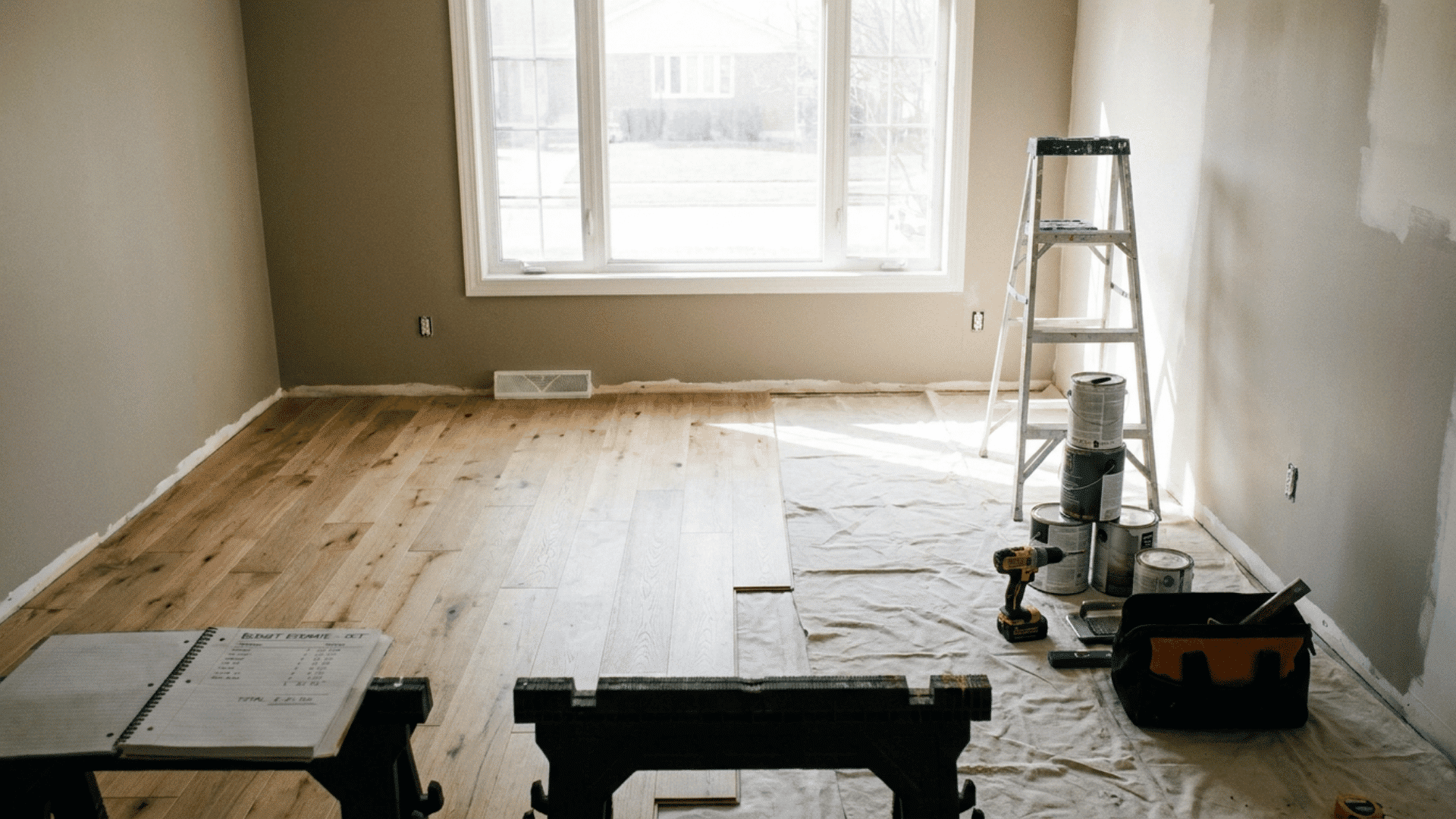 a room being renovated with new wood flooring paint cans a ladder tools and drop cloth near a bright window