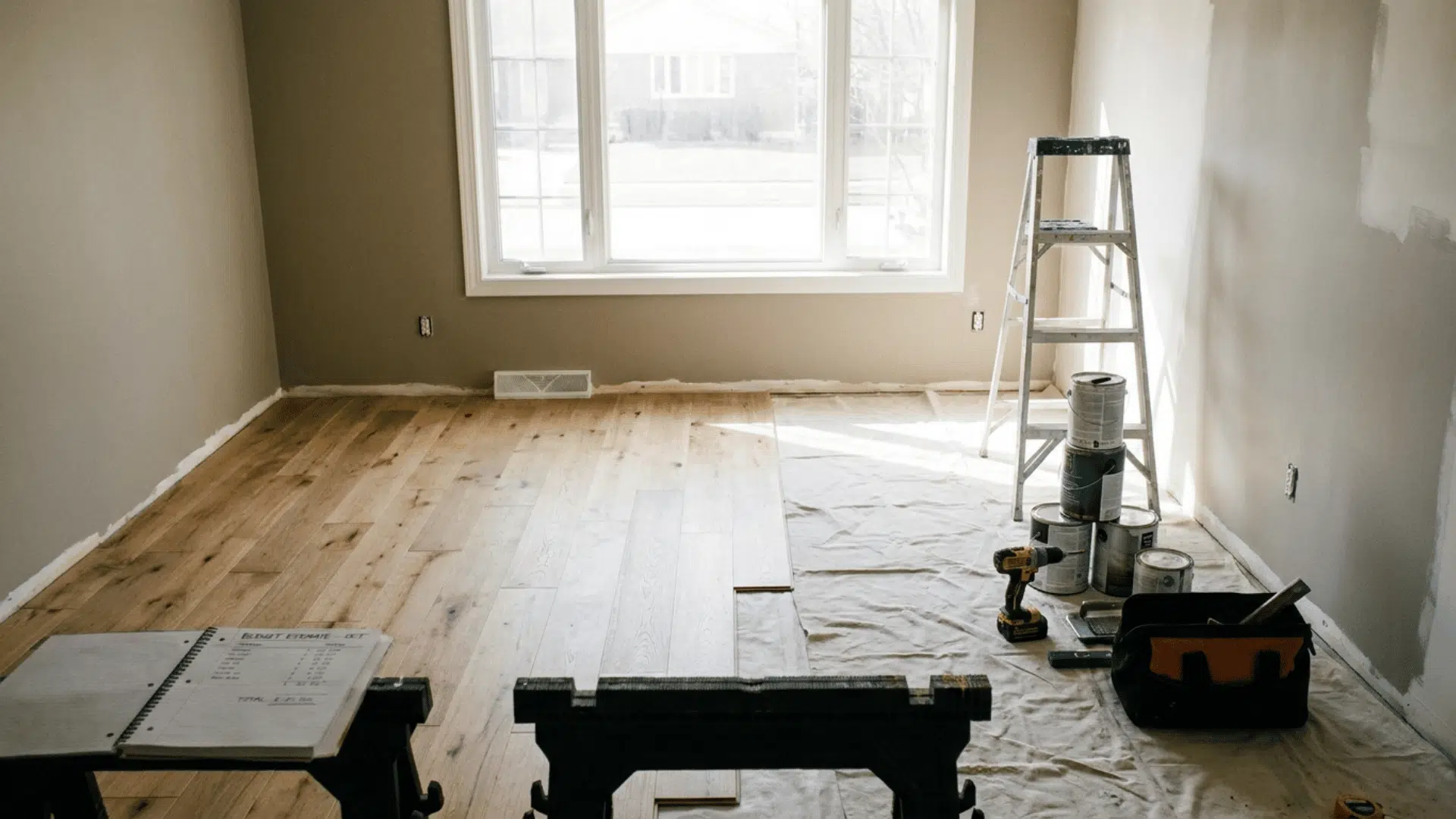 a room being renovated with new wood flooring paint cans a ladder tools and drop cloth near a bright window