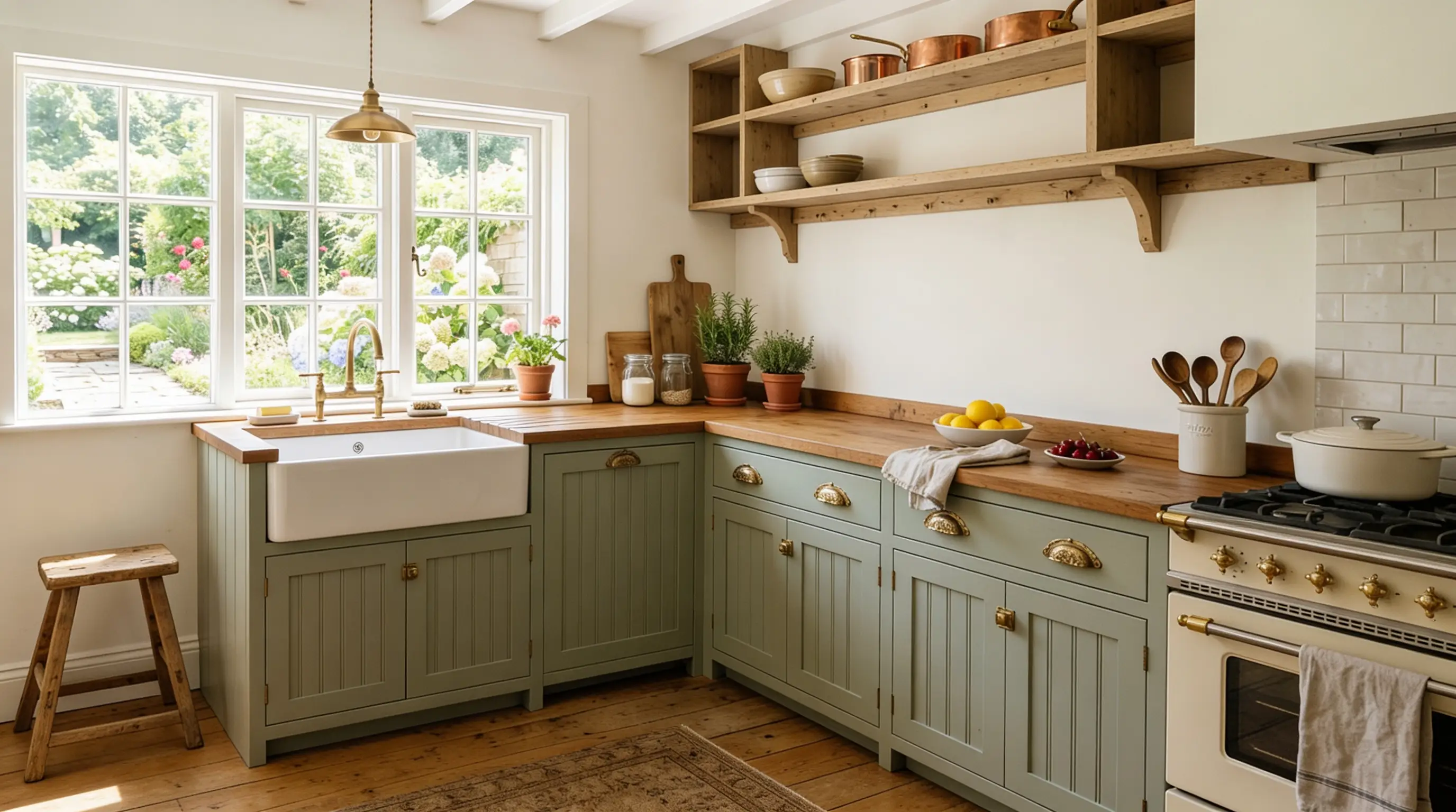 A rustic kitchen corner features sage green cabinetry, wood countertops, a large white farmhouse sink under a bright window overlooking a garden, and open wooden shelving
