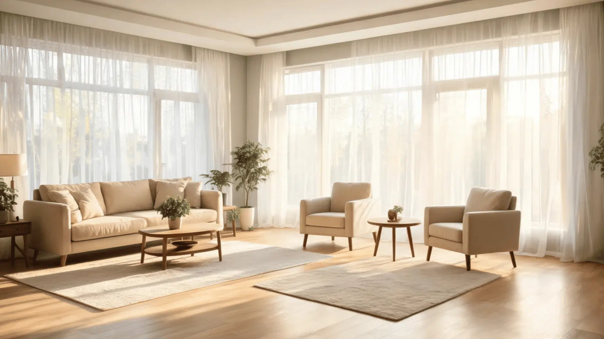 a spacious living room with beige sofa two armchairs coffee tables and potted plants