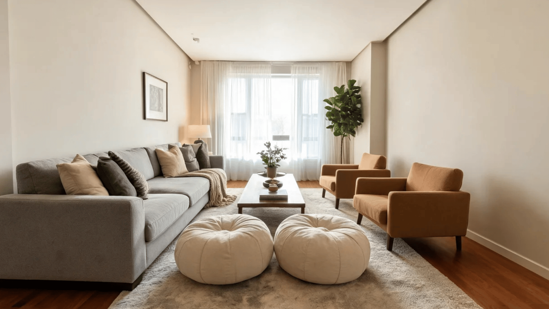 a spacious living room with grey sofa two tan armchairs wooden coffee table and plants