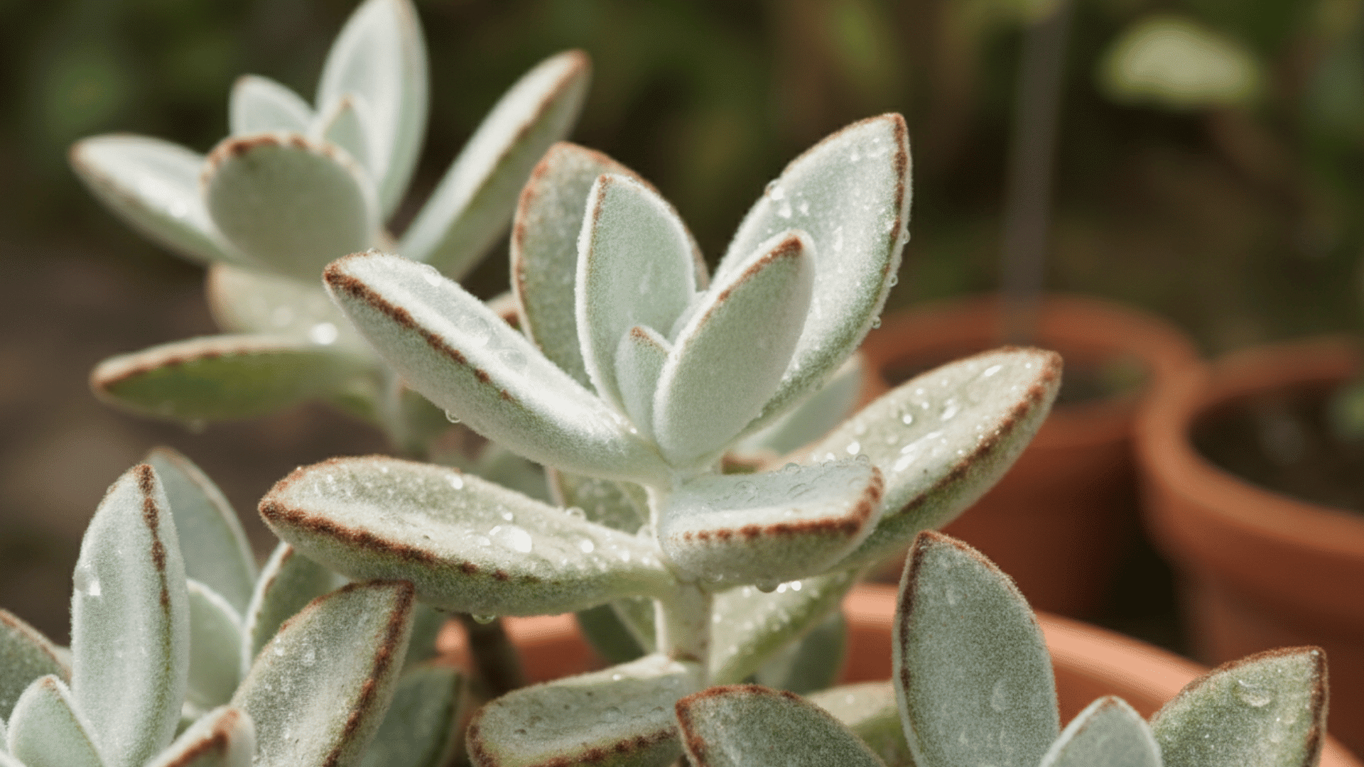A succulent plant with fuzzy pale green leaves edged in brown and covered in water droplets growing in terracotta pots