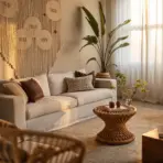a sunlit bohemian living room featuring a cream sofa, woven wall tapestry, large houseplant, and natural rattan furniture