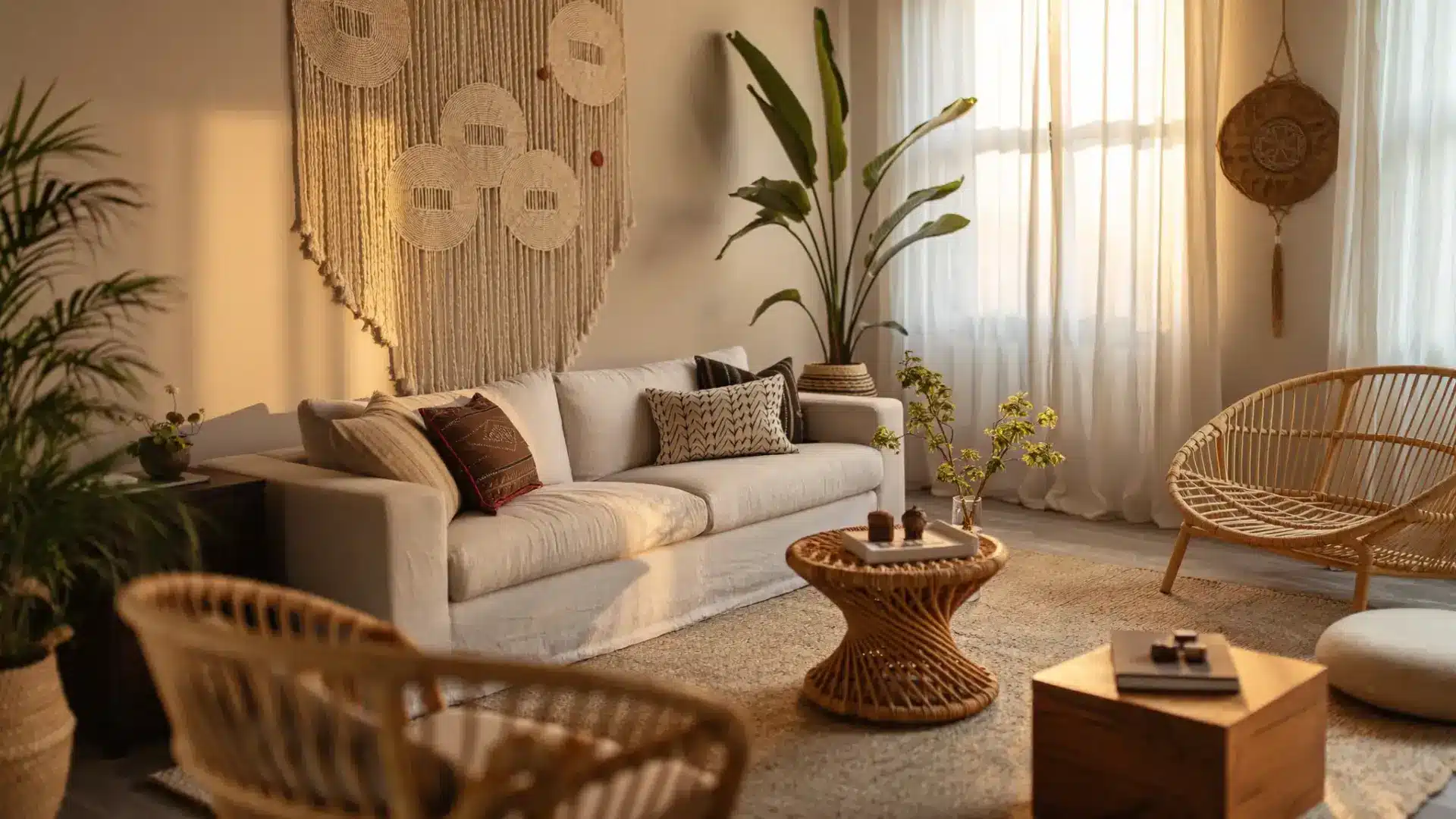 a sunlit bohemian living room featuring a cream sofa, woven wall tapestry, large houseplant, and natural rattan furniture