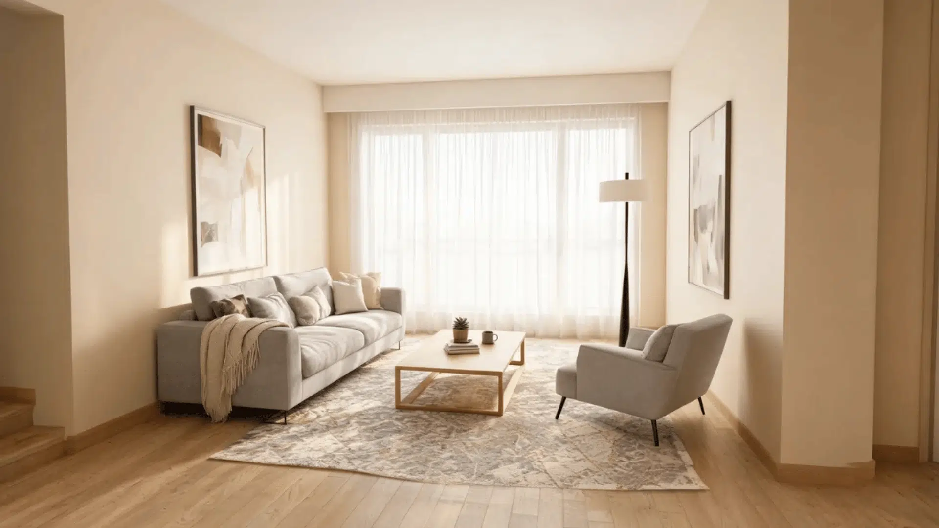a sunlit living room with grey sofa two armchairs wooden coffee table and abstract a