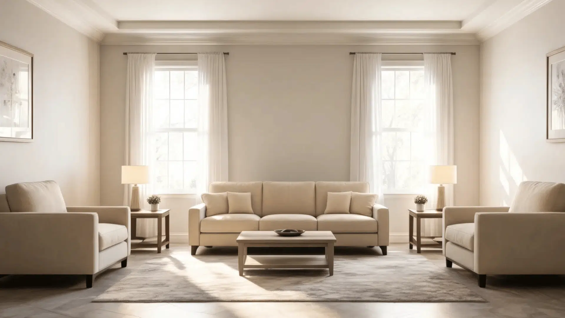 a sunlit living room with light grey sofa wooden coffee table and wall art (1)