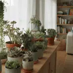 a variety of potted succulent plants arranged on a wooden console table in a bright living room with a white sofa and bookshelf in the background