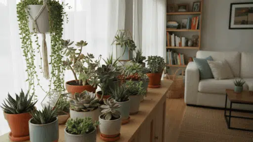 a variety of potted succulent plants arranged on a wooden console table in a bright living room with a white sofa and bookshelf in the background