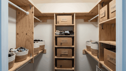 a walk in closet with wooden shelves and baskets organizing socks and tshirts in labeled storage boxes