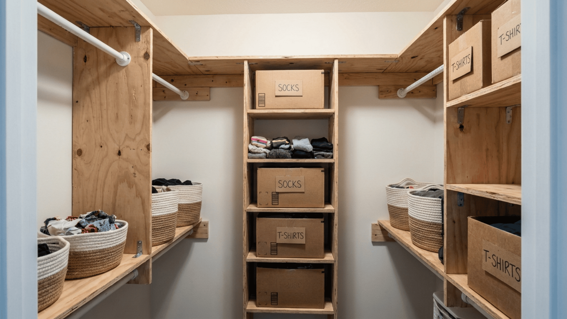 a walk in closet with wooden shelves and baskets organizing socks and tshirts in labeled storage boxes