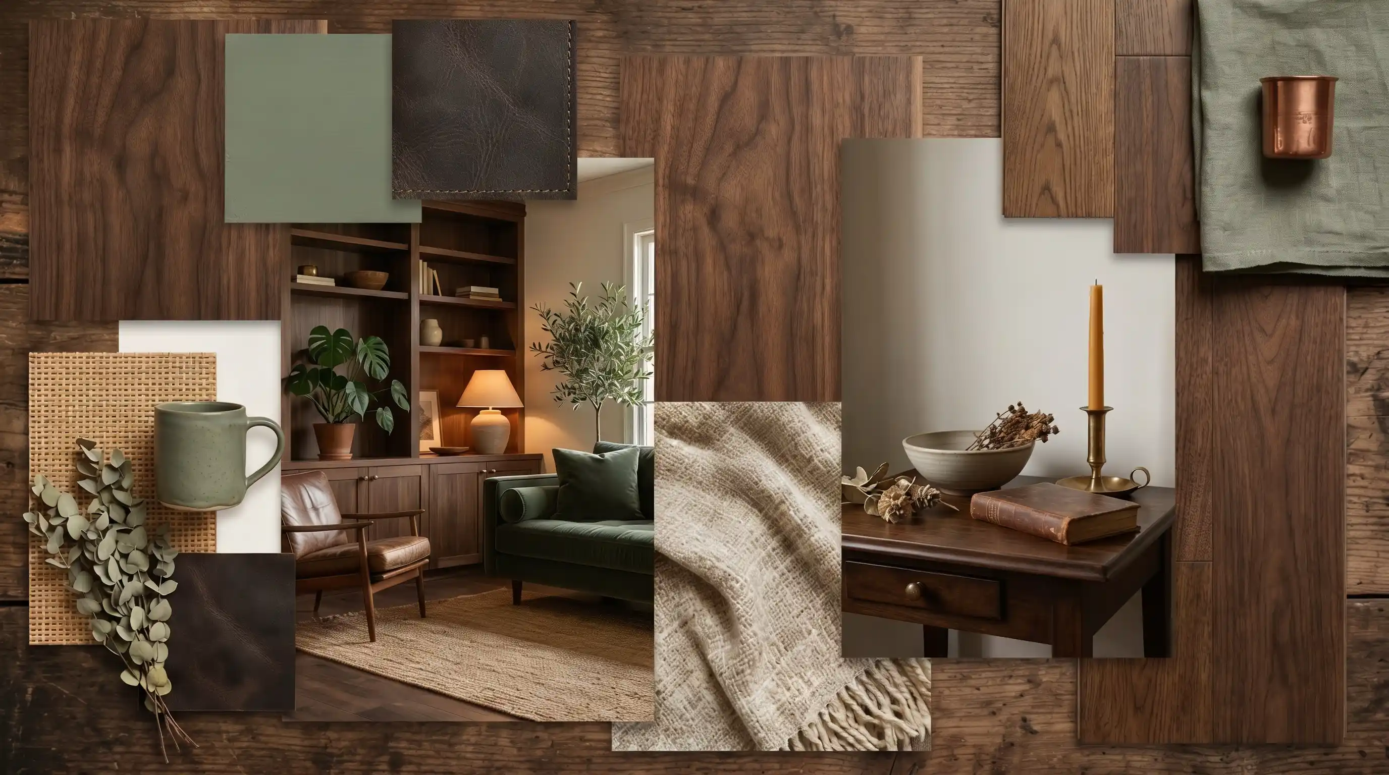 A warm, dark wood interior design mood board featuring rich walnut tones, deep green accents, leather, linen textures, and brass details