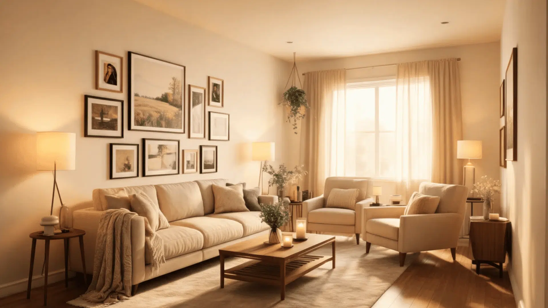 a warm living room with beige sofa two armchairs wooden table and gallery wall art