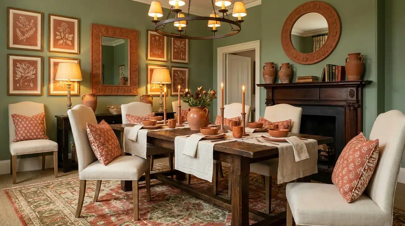 A warmly lit dining room features a rustic wooden table set with terracotta tableware, surrounded by cream upholstered chairs with patterned rust cushions, set against sage green walls and a dark wood fireplace
