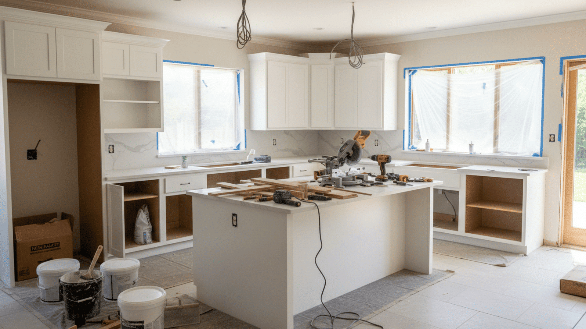 a white kitchen renovation in progress with covered windows exposed cabinets tools buckets and a saw on the island