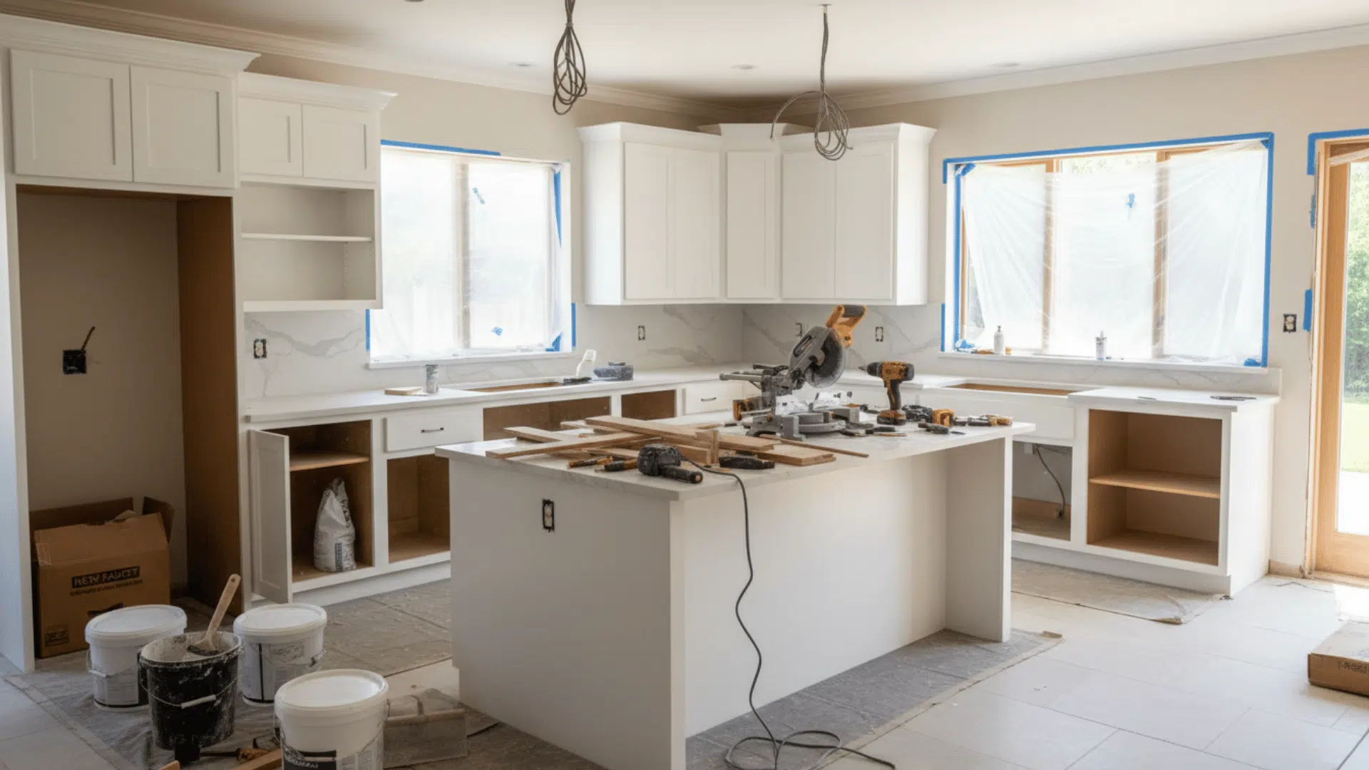 a white kitchen renovation in progress with covered windows exposed cabinets tools buckets and a saw on the island