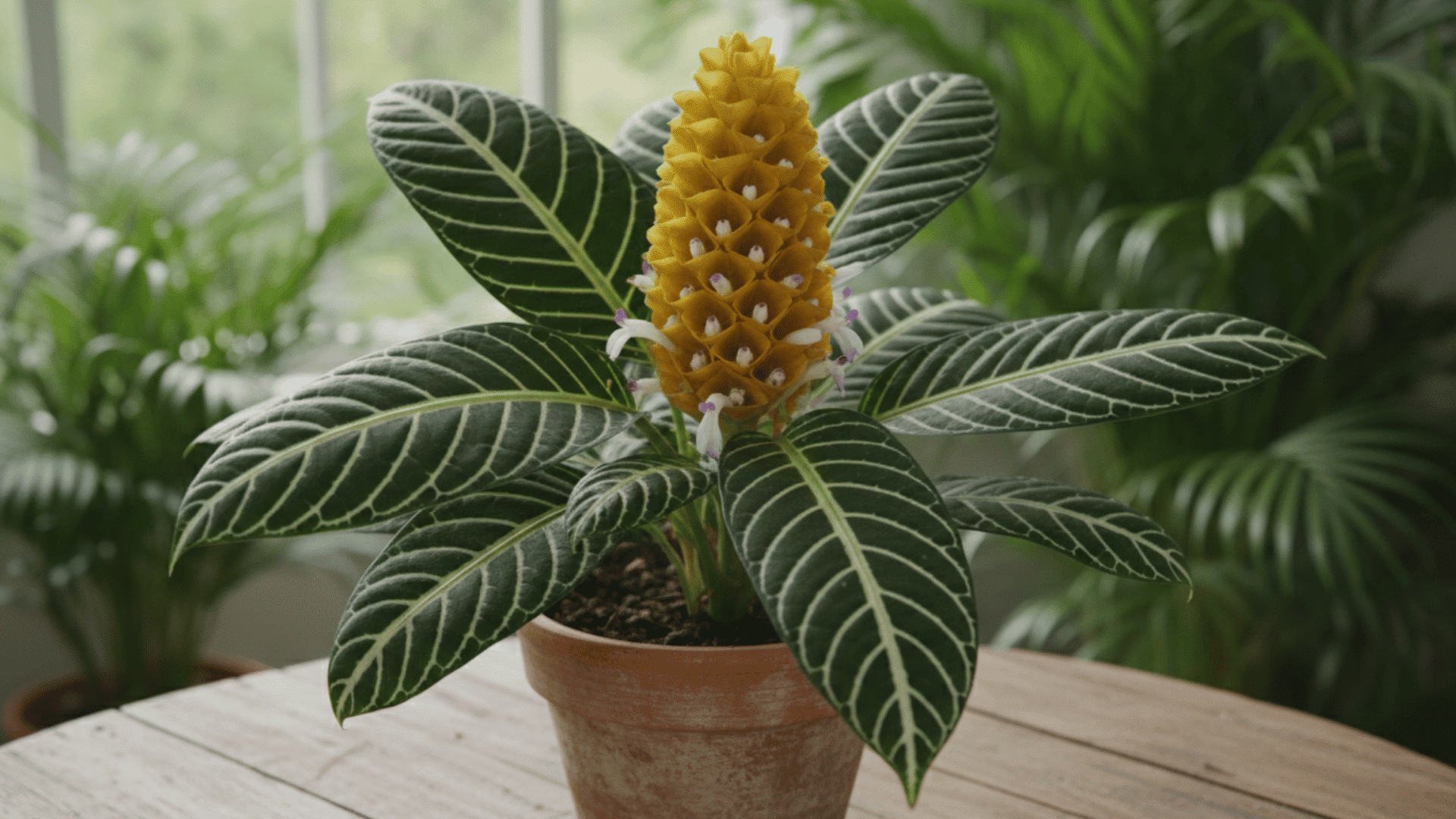 A zebra plant with dark green leaves featuring white veins and a tall yellow flower spike growing in a terracotta pot on a wooden table indoors