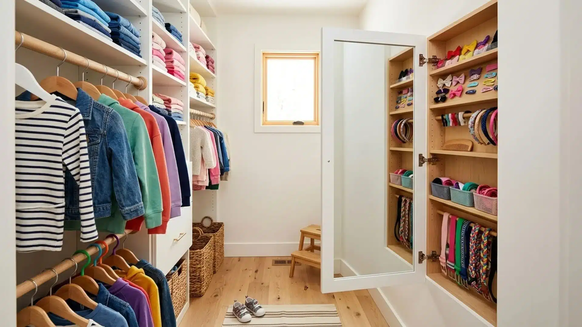 kids closet with an open mirror door revealing shelves with hair accessories next to colorful hanging clothes