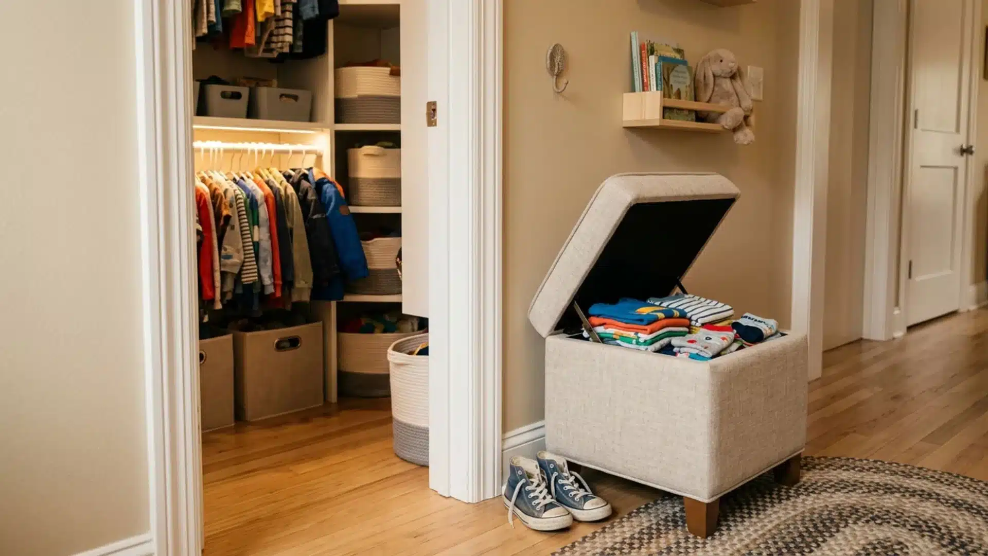 beige storage ottoman with lid open showing folded kids clothes, sneakers on floor next to a kids closet