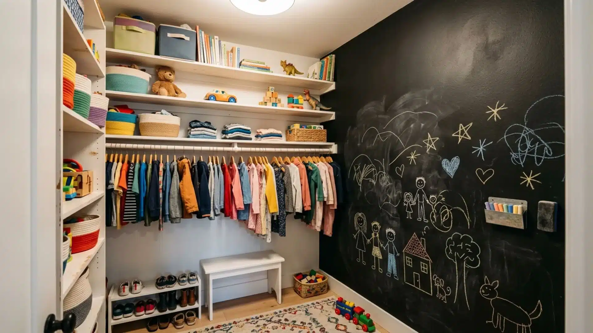kids closet with a black chalkboard wall with chalk drawings next to white shelves and colorful hanging clothes