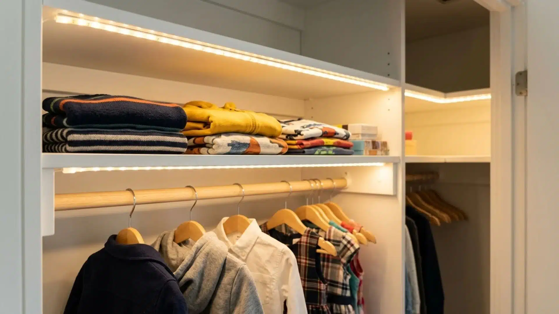 kids closet with LED strip lights under shelves illuminating folded clothes and hanging kids outfits on a wooden rod
