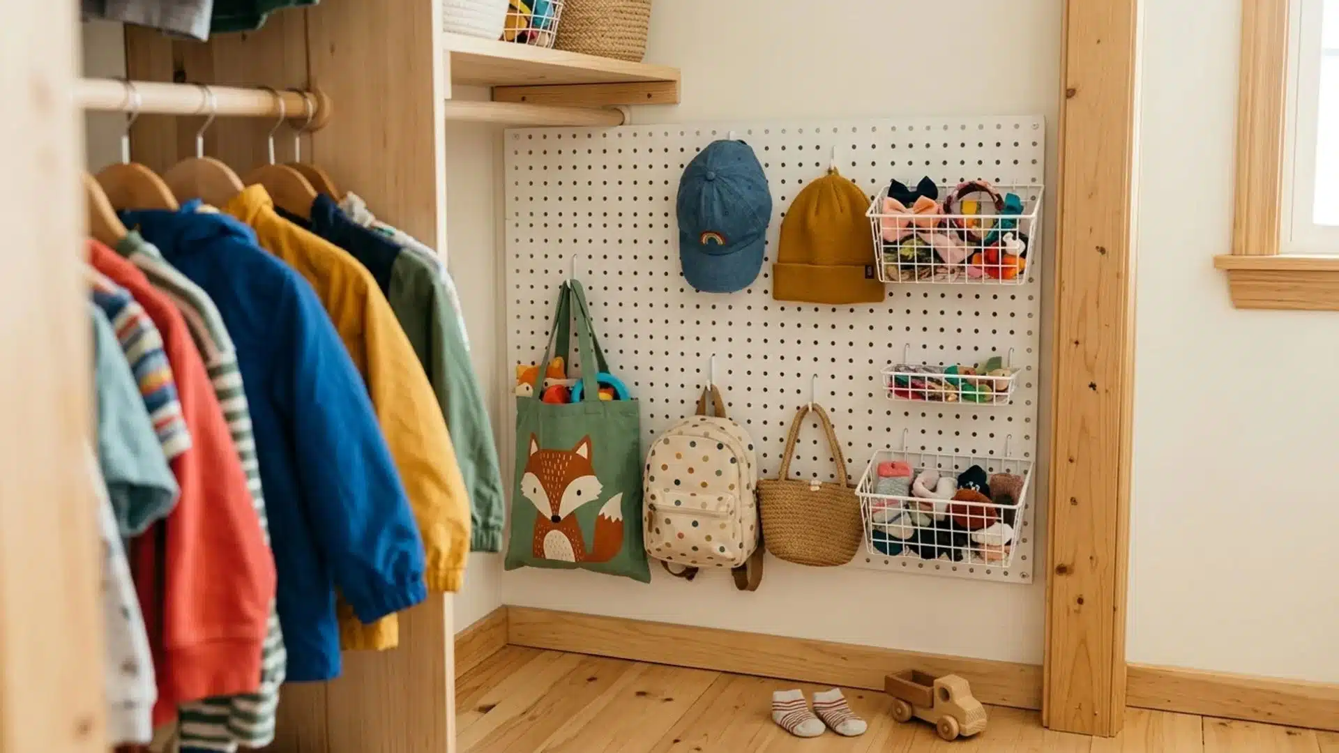 kids closet with coral pink walls and white doodles, colorful hanging clothes and neatly folded items on white shelves